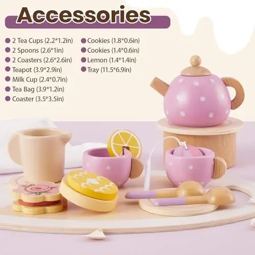 BUYGER Kids Wooden Tea Party Set for Little Girls Toddler Pretend Play Food Kitchen Accessories Princess Birthday Gifts for Ages 3 4 5 Years Old - 5