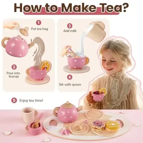 BUYGER Kids Wooden Tea Party Set for Little Girls Toddler Pretend Play Food Kitchen Accessories Princess Birthday Gifts for Ages 3 4 5 Years Old - 1