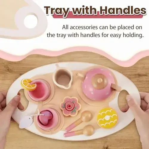 BUYGER Kids Wooden Tea Party Set for Little Girls Toddler Pretend Play Food Kitchen Accessories Princess Birthday Gifts for Ages 3 4 5 Years Old - 3