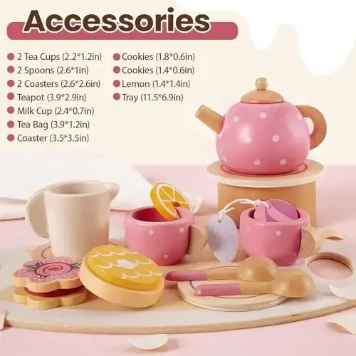 BUYGER Kids Wooden Tea Party Set for Little Girls Toddler Pretend Play Food Kitchen Accessories Princess Birthday Gifts for Ages 3 4 5 Years Old - 4