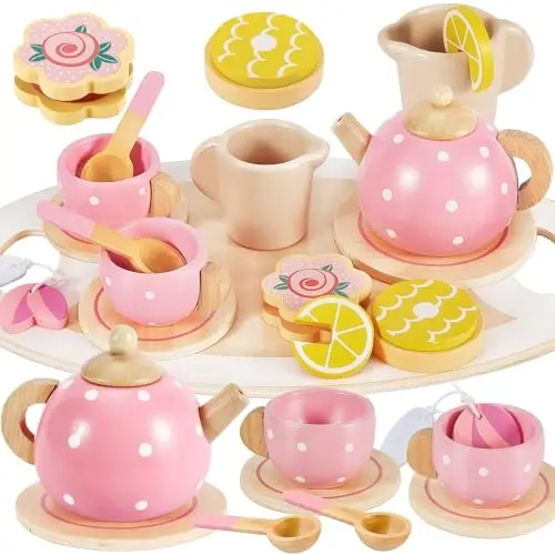 BUYGER Kids Wooden Tea Party Set for Little Girls Toddler Pretend Play Food Kitchen Accessories Princess Birthday Gifts for Ages 3 4 5 Years Old - 1