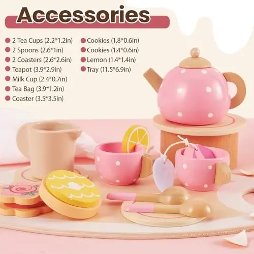 BUYGER Kids Wooden Tea Party Set for Little Girls Toddler Pretend Play Food Kitchen Accessories Princess Birthday Gifts for Ages 3 4 5 Years Old - 5