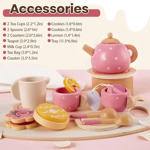 BUYGER Kids Wooden Tea Party Set for Little Girls Toddler Pretend Play Food Kitchen Accessories Princess Birthday Gifts for Ages 3 4 5 Years Old - 4