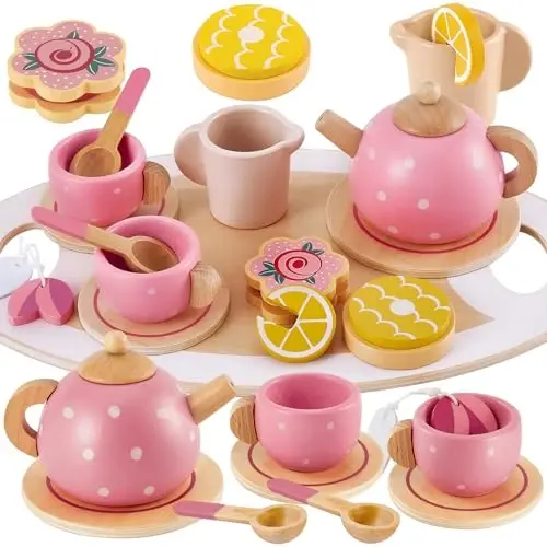 BUYGER Kids Wooden Tea Party Set for Little Girls Toddler Pretend Play Food Kitchen Accessories Princess Birthday Gifts for Ages 3 4 5 Years Old - 6