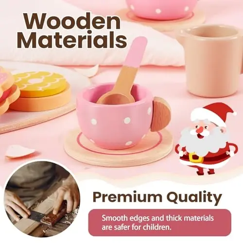 BUYGER Kids Wooden Tea Party Set for Little Girls Toddler Pretend Play Food Kitchen Accessories Princess Birthday Gifts for Ages 3 4 5 Years Old - 2