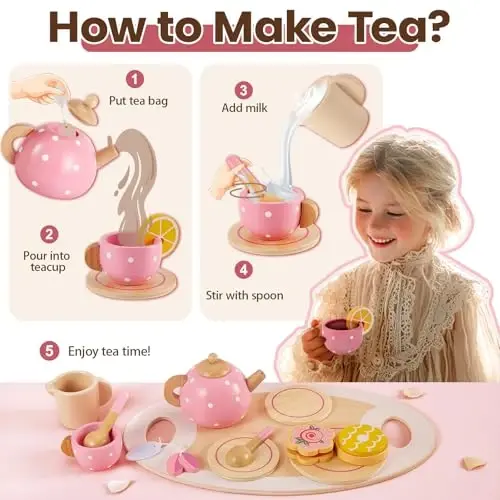 BUYGER Kids Wooden Tea Party Set for Little Girls Toddler Pretend Play Food Kitchen Accessories Princess Birthday Gifts for Ages 3 4 5 Years Old - 3