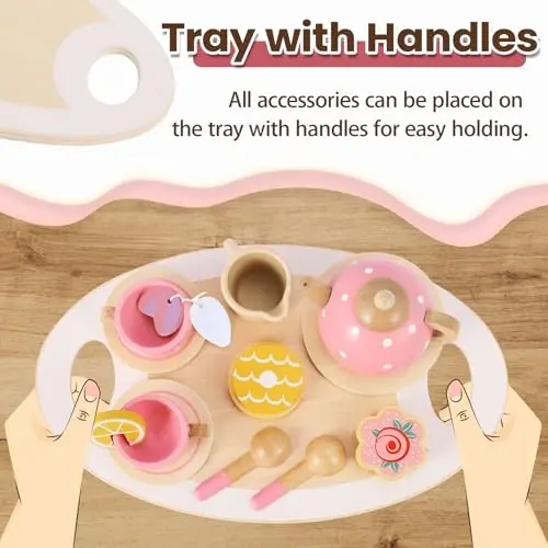 BUYGER Kids Wooden Tea Party Set for Little Girls Toddler Pretend Play Food Kitchen Accessories Princess Birthday Gifts for Ages 3 4 5 Years Old - 4