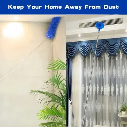 Cobweb Duster with Extension Pole, Washable Cleaning Duster Kit with 3 Duster Heads, Cobweb Duster, Corner Brush, 15-100 Inch Long Aluminum Telescoping Pole for Ceiling Fan (Blue) - 3