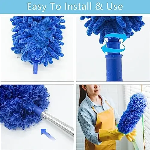 Cobweb Duster with Extension Pole, Washable Cleaning Duster Kit with 3 Duster Heads, Cobweb Duster, Corner Brush, 15-100 Inch Long Aluminum Telescoping Pole for Ceiling Fan (Blue) - 5