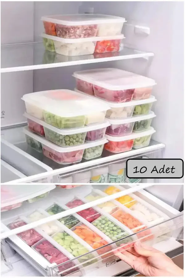 Large 10 Adet 4 Bölmeli Dondurulmuş Öğünlük Et Ve Sebze Saklama Kabı Kurban Buzluk Kıyma Kutusu - 1