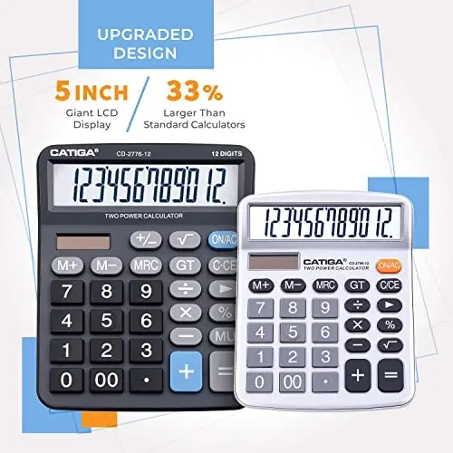Premium Commercial 12-Digit Large Desktop Calculator with Huge 5-Inch LCD Display Screen, Giant Responsive Buttons, Battery and Solar Powered, Perfect for Home/Office Accounting Finance Use, CD-2776 - 2