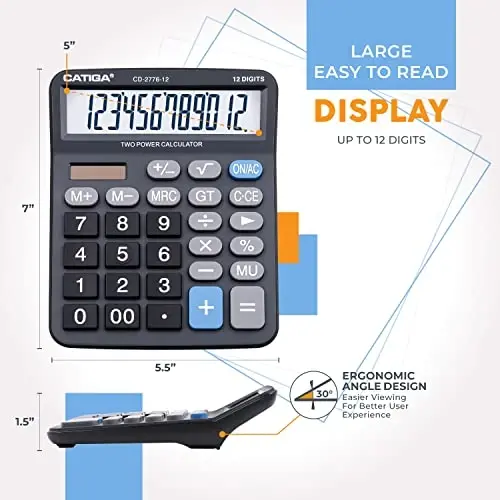 Premium Commercial 12-Digit Large Desktop Calculator with Huge 5-Inch LCD Display Screen, Giant Responsive Buttons, Battery and Solar Powered, Perfect for Home/Office Accounting Finance Use, CD-2776 - 3