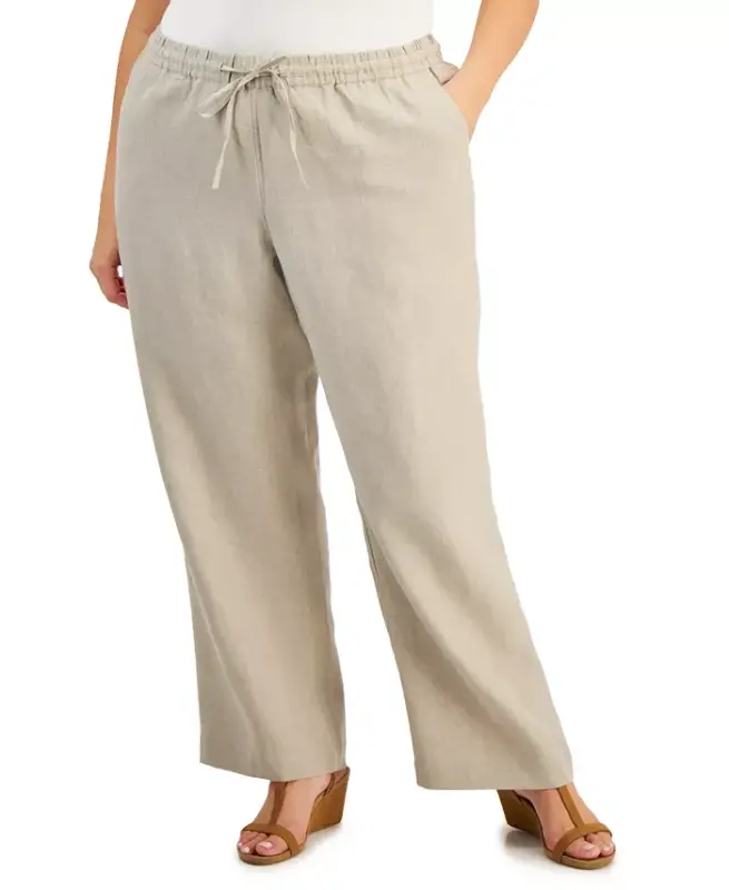 Plus Size 100% Linen Pants, Modazone Exclusive - Flax - 1