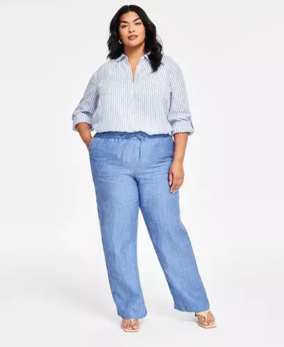 Plus Size 100% Linen Pants, Modazone Exclusive - Blue Ocean 