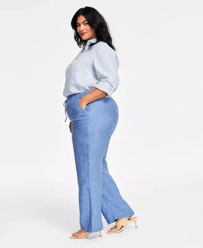 Plus Size 100% Linen Pants, Modazone Exclusive - Blue Ocean - 2