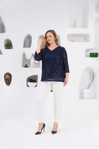 Büyük Beden Astarlı Pul Payet Bluz Lacivert - 5