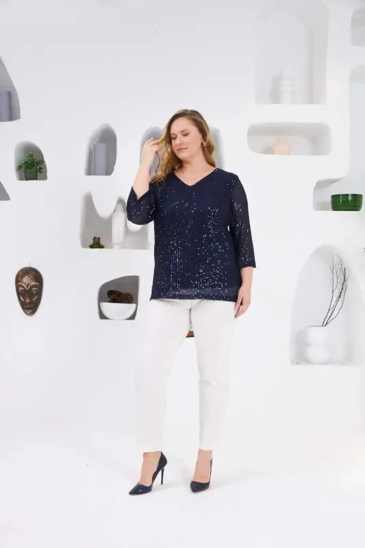 Büyük Beden Astarlı Pul Payet Bluz Lacivert - 5