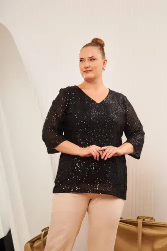 Büyük Beden Astarlı Pul Payet Bluz Siyah - 6