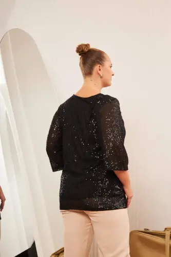 Büyük Beden Astarlı Pul Payet Bluz Siyah - 7