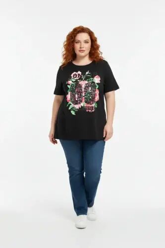 Büyük Beden Baskılı Kısa Kollu Siyah T-shirt - Büyükbedeniz (1)