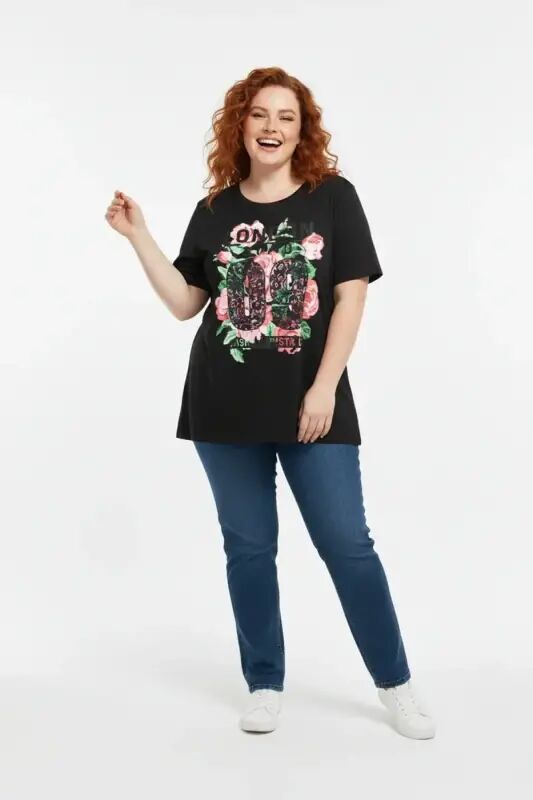 Büyük Beden Baskılı Kısa Kollu Siyah T-shirt - Büyükbedeniz