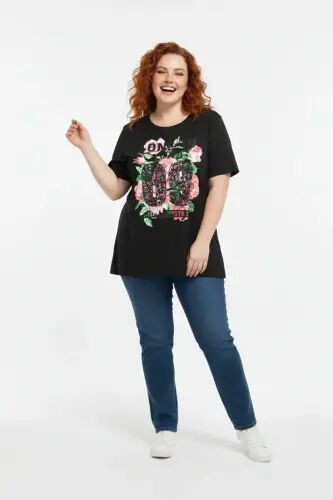 Büyük Beden Baskılı Kısa Kollu Siyah T-shirt - 1