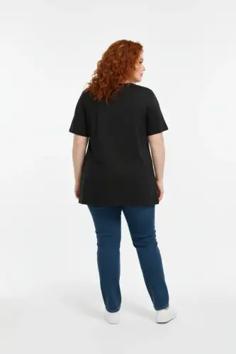 Büyük Beden Baskılı Kısa Kollu Siyah T-shirt - 5