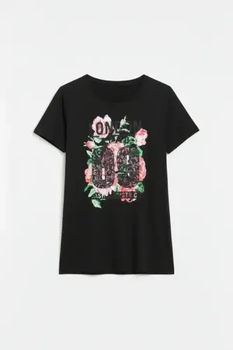 Büyük Beden Baskılı Kısa Kollu Siyah T-shirt - 6