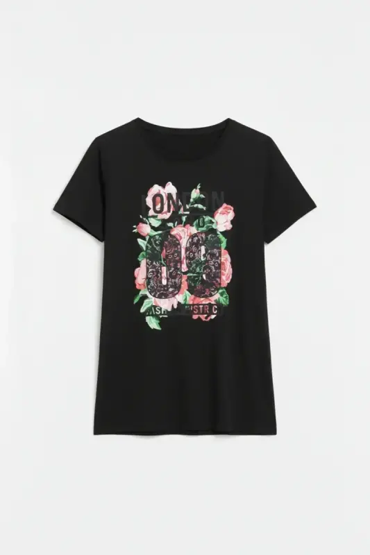 Büyük Beden Baskılı Kısa Kollu Siyah T-shirt - 6