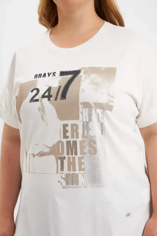 Büyük Beden Baskılı Tişört Ekru - 3