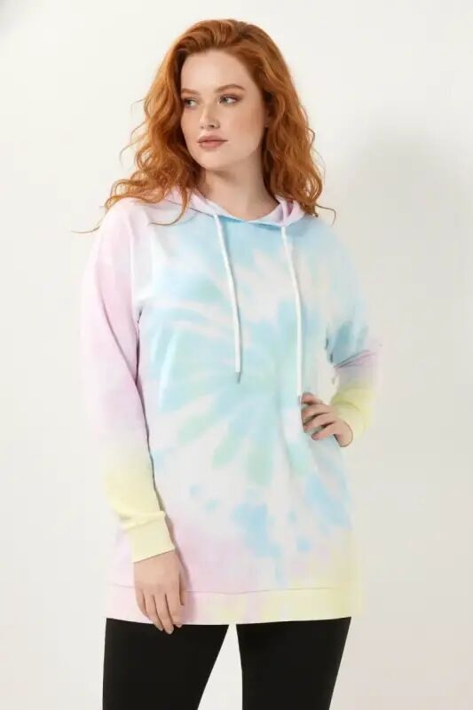 Büyük Beden Batik Desenli Owersize Kapüşonlu Sweatshirt - Büyükbedeniz