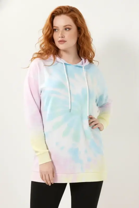 Büyük Beden Batik Desenli Owersize Kapüşonlu Sweatshirt - 1