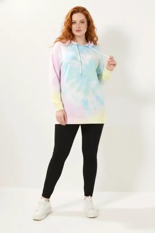 Büyük Beden Batik Desenli Owersize Kapüşonlu Sweatshirt - 2