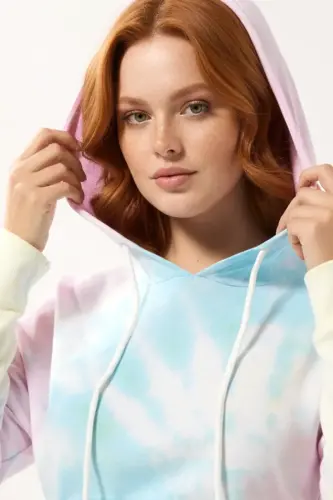 Büyük Beden Batik Desenli Owersize Kapüşonlu Sweatshirt - 3