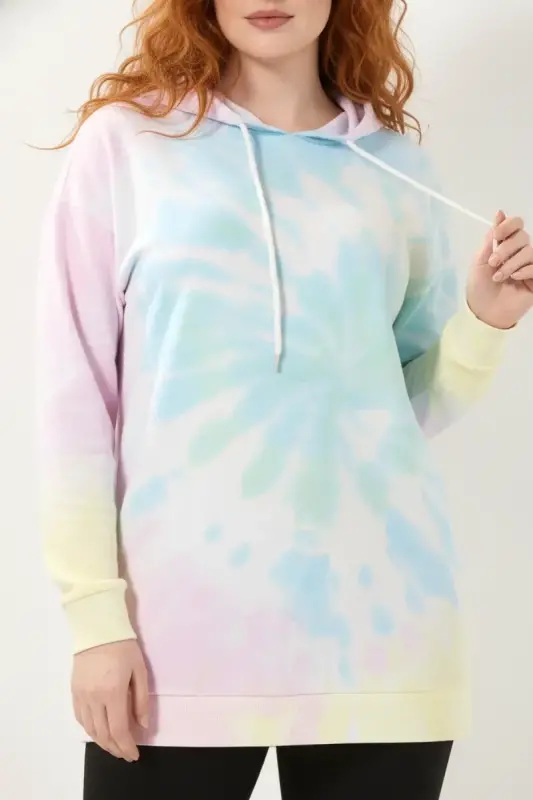 Büyük Beden Batik Desenli Owersize Kapüşonlu Sweatshirt - 4