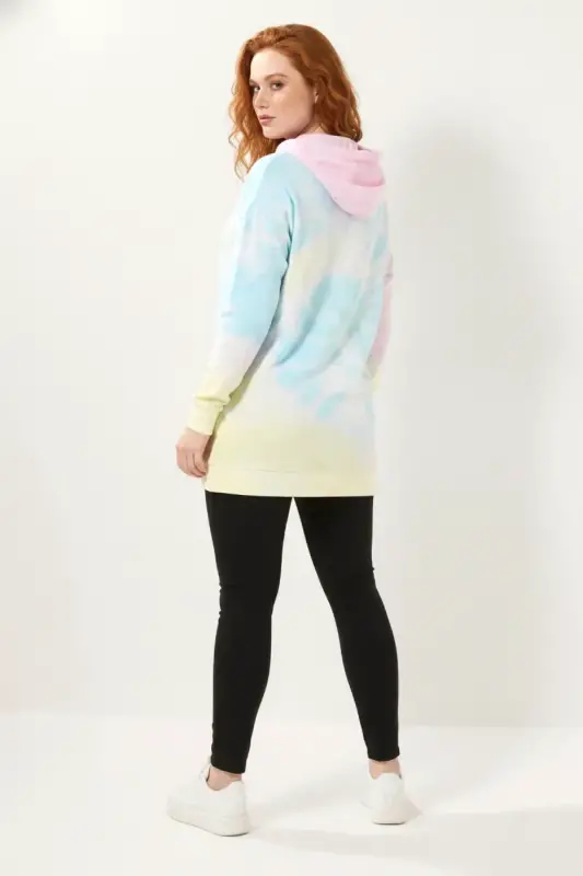 Büyük Beden Batik Desenli Owersize Kapüşonlu Sweatshirt - 5