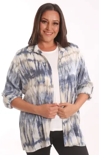 Büyük Beden Batik Desenli Simli Gömlek Bluz Lacivert Takım - 1