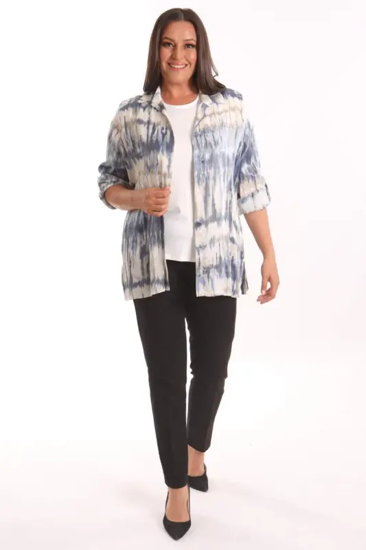 Büyük Beden Batik Desenli Simli Gömlek Bluz Lacivert Takım - 4