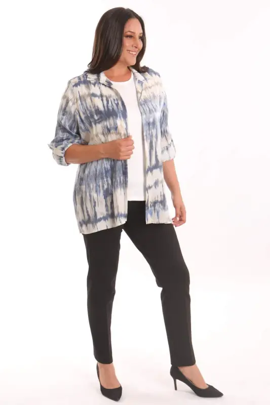 Büyük Beden Batik Desenli Simli Gömlek Bluz Lacivert Takım - 5