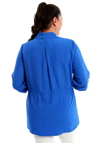 Büyük Beden Belden Bağcıklı Cepli İndigo Ceket - 6