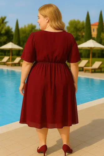 Büyük Beden Beli Lastikli Pelerin Kol Rahat Şifon Elbise KL3096 Bordo - 4