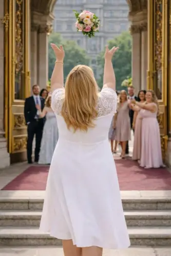 Büyük Beden Beyaz Güpür Detaylı Rahat Kollu Kısa Nikah Elbisesi (40–62) KL3145 - BÜYÜKBEDENIZ (1)