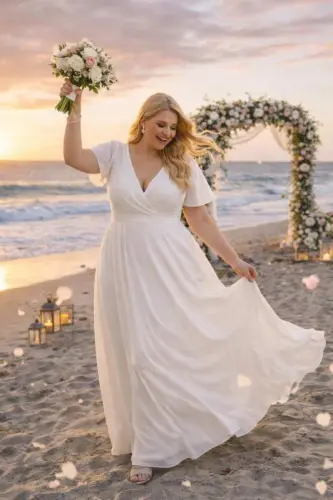 Büyük Beden Beyaz Kloş Tül Pelerin Kollu Nikah ve Dış Çekim Elbisesi KL3051 - 1