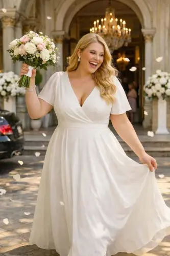 Büyük Beden Beyaz Kloş Tül Pelerin Kollu Nikah ve Dış Çekim Elbisesi KL3051 - 4