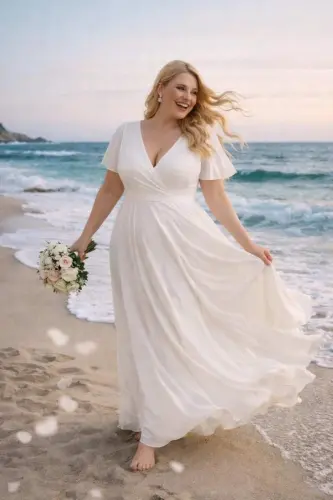 Büyük Beden Beyaz Kloş Tül Pelerin Kollu Nikah ve Dış Çekim Elbisesi KL3051 - BÜYÜKBEDENIZ (1)