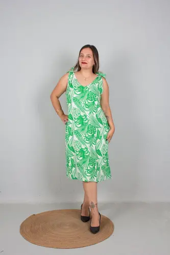 Büyük Beden Bir Elbise İki Model Askılı Ve Boyundan Bağlamalı Kullanılan Elbise Yeşil - Yeşil - 5