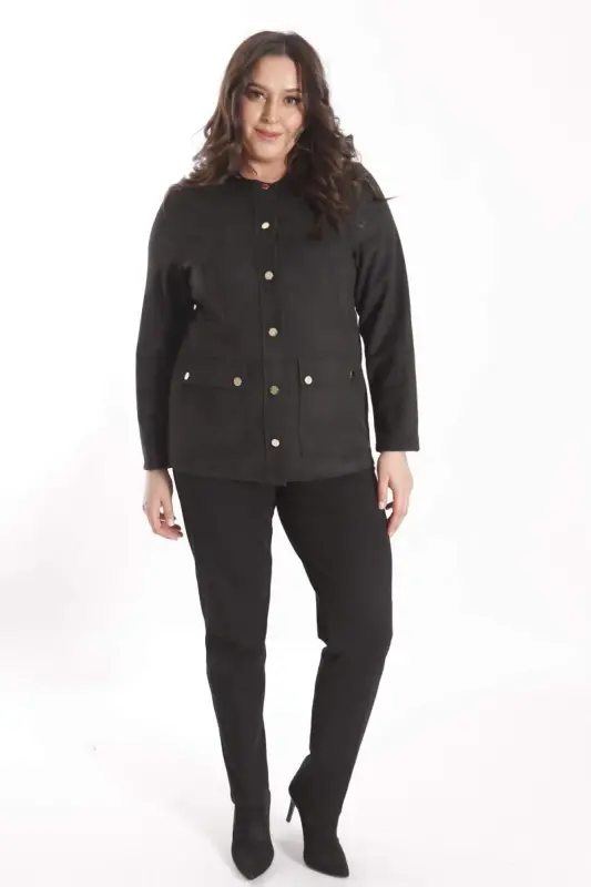 Büyük Beden Bisiklet Yaka Çıt Çıt Düğmeli Siyah Süet Ceket - 6