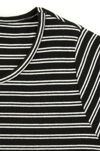 Büyük Beden Bisiklet Yaka Kısa Kollu Fitilli Çizgili Tunik Bluz - 5