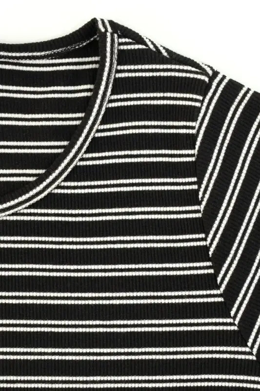 Büyük Beden Bisiklet Yaka Kısa Kollu Fitilli Çizgili Tunik Bluz - 5