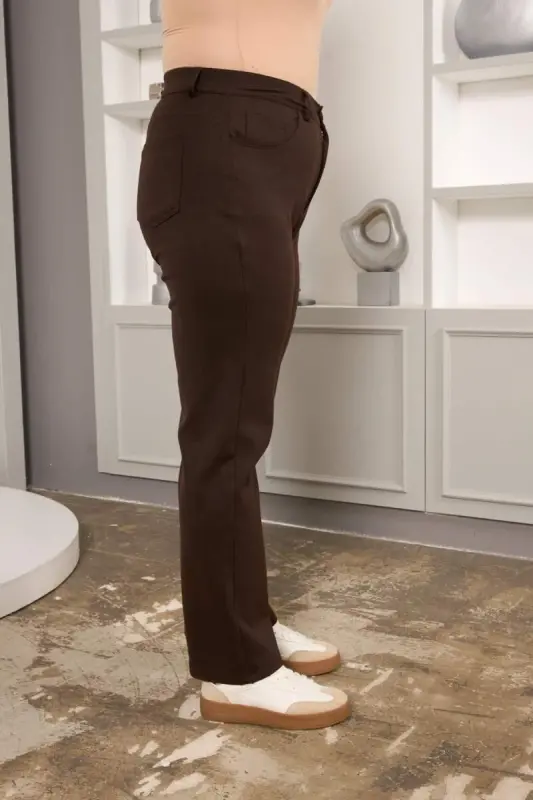 Büyük Beden Boru Paça Çelik Örme Pantolon Kahve - 2